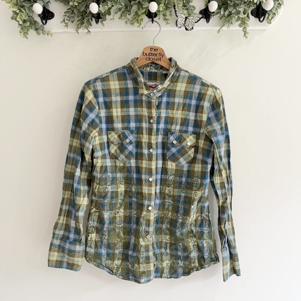 Women’s Roper Western Green Blue Plaid Pearl Snap Button Down Shirt Medium 1-581